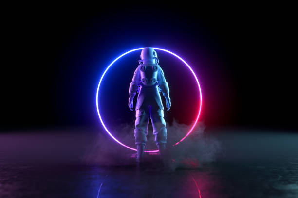 istock Astronaut stands in front of neon lighting frame 1430256742