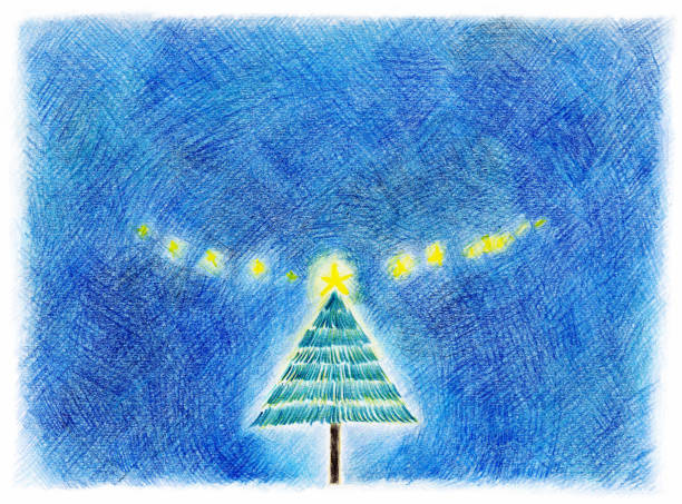 istock An illustration of a soft Christmas tree, stars, and night sky drawn with colored pencils 1430260871