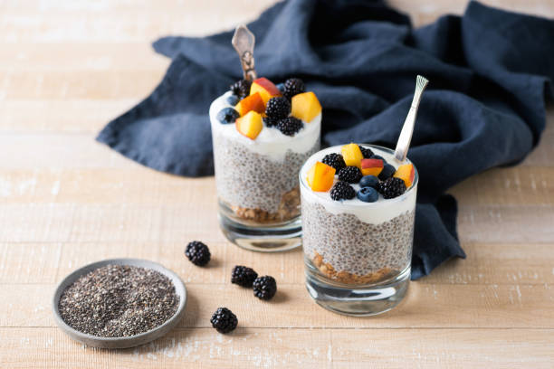 istock Chia pudding in jar with berries, fruits and granola layer 1430260926