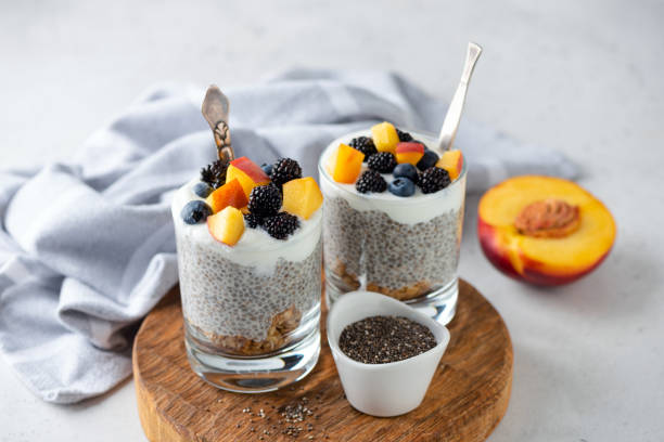 istock Vegetarian dessert chia seed pudding with fruits and yogurt 1430260930