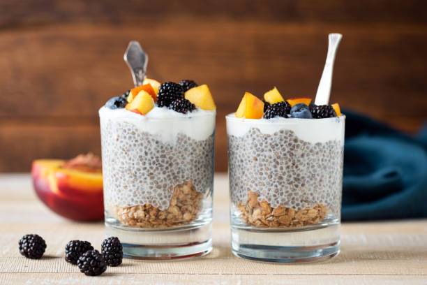 istock Chia pudding in glass jar with berries and granola 1430260939