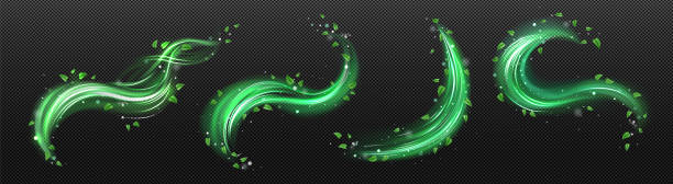 Abstract wind swirl with green leaves and sparkles Abstract wind swirls with green leaves and sparkles isolated on transparent background. Vector realistic illustration of air vortex and wave with flying mint leaves wave png stock illustrations