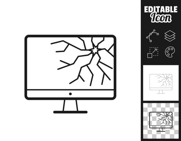 Desktop computer with broken screen. Icon for design. Easily editable Icon of "Desktop computer with broken screen" for your own design. Three icons with editable stroke included in the bundle: - One black icon on a white background. - One line icon with only a thin black outline in a line art style (you can adjust the stroke weight as you want). - One icon on a blank transparent background (for change background or texture). The layers are named to facilitate your customization. Vector Illustration (EPS file, well layered and grouped). Easy to edit, manipulate, resize or colorize. Vector and Jpeg file of different sizes. broken flat screen stock illustrations