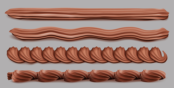 Chocolate cream whip border, whipped brown swirls. Frame, cocoa taste wavy foam for cake edge, sweet creamy twirl for pastry decoration isolated confectionery elements Realistic 3d vector illustration