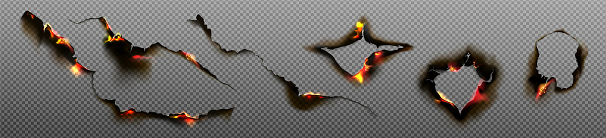 Burn paper holes and borders, burnt page with smoldering fire on charred uneven edges, parchment sheets in flame. Burned frames isolated on transparent background. Realistic 3d vector illustration set