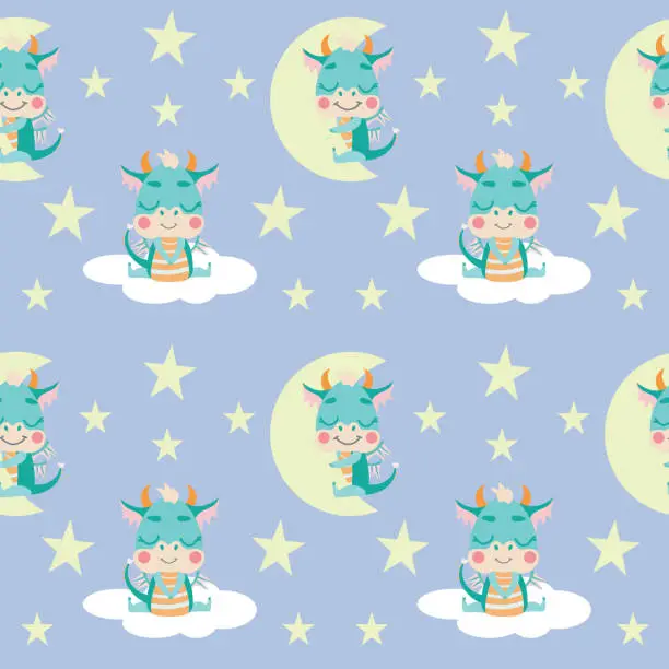 Vector illustration of Seamless pattern with cute little dragons sleeping for half a month and sitting on a cloud. Good night. Delicate pastel background for nursery wallpaper and design for children.