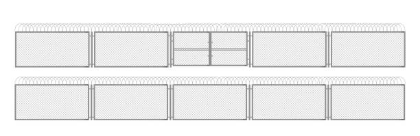 ilustraciones, imágenes clip art, dibujos animados e iconos de stock de cerca con alambre de púas, rejilla metálica con puerta 3d - chainlink fence fence chain turnstile