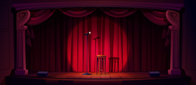 Comedy show stage with microphone and stool. Standup concert, open mike event for comedians on theater scene with red curtains, chair and spotlight, vector cartoon illustration