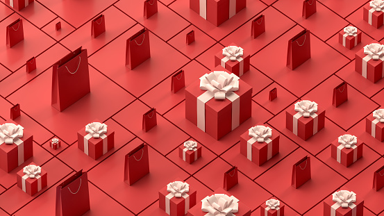 Christmas New Year isometric view red background online shopping concept, 3d render.