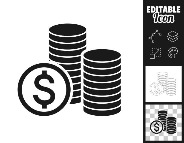 Dollar coins stacks. Icon for design. Easily editable Icon of "Dollar coins stacks" for your own design. Three icons with editable stroke included in the bundle: - One black icon on a white background. - One line icon with only a thin black outline in a line art style (you can adjust the stroke weight as you want). - One icon on a blank transparent background (for change background or texture). The layers are named to facilitate your customization. Vector Illustration (EPS file, well layered and grouped). Easy to edit, manipulate, resize or colorize. Vector and Jpeg file of different sizes. coin outline stock illustrations