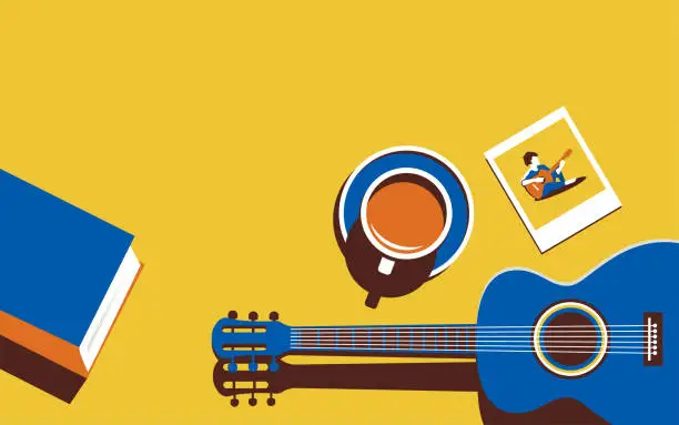 Vector illustration of Vector illustration of a guitar and other items on a yellow background. Minimalistic illustration in trendy colors. Music concept or memories or coffee break