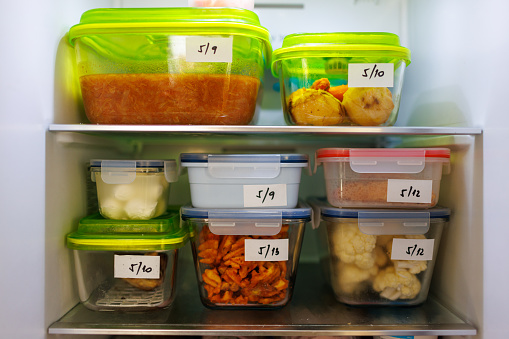 Food leftovers packaged in boxes inside a home fridge with dates written on.