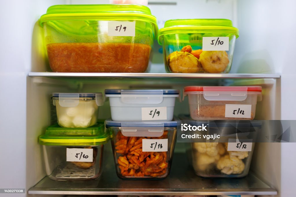 Food Leftovers Packaged In Boxes Inside A Home Fridge Food leftovers packaged in boxes inside a home fridge with dates written on. Leftovers Stock Photo