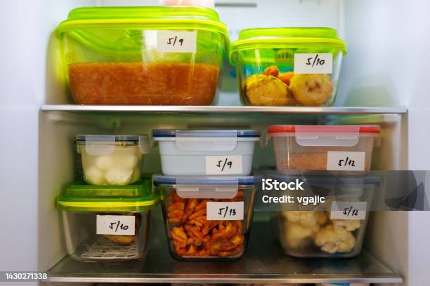 Food Leftovers Packaged In Boxes Inside A Home Fridge Stock Photo - Download Image Now