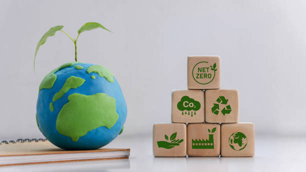 istock Carbon neutral and net zero concept Natural environment, weather, with plasticine spinning globes. greenhouse gas emissions targets wooden block with green net center icon 1430271344