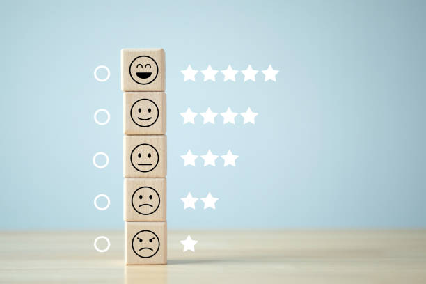 istock Business or customer service rating experience and feedback emotion and satisfaction and mental health survey concept. Wood cube with star and negative, neutral and positive facial expressions. 1430273038