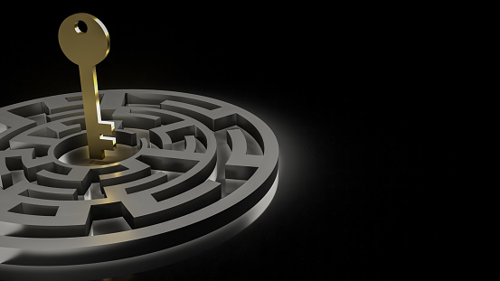 gold key in maze on black background  3d rendering