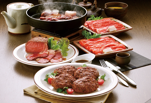 Various dishes with beef. Beef is rich in animal protein, iron, and B vitamins.