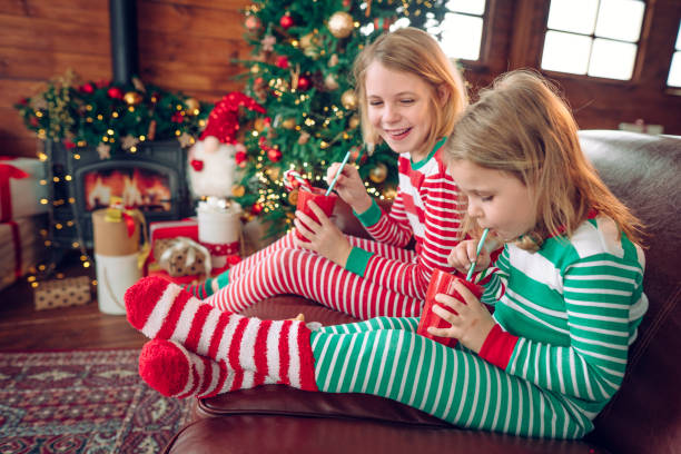 istock Two sisters drinking hot cocoa sitting near Christmas tree 1430276682