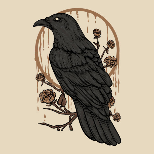 illustrations, cliparts, dessins animés et icônes de illustration vectorielle perche de corbeau sur la branche de fleur avec fleur illustration vintage - gothic style