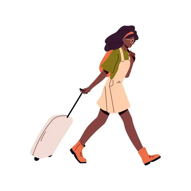 Vector illustration of Black woman pulling wheel baggage, suitcase. Young girl tourist going, carrying spinner luggage and bag. Passenger travels on summer vacation. Flat vector illustration isolated on white background