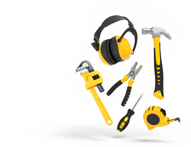 Flying view of yellow construction tools for repair on white stock photo