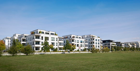 New luxury townhouses and clear sky in Duesseldorf, Germany.