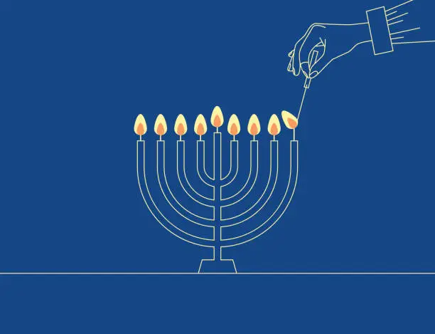 Vector illustration of Hand Lighting Candle On Metal Hanukkah Menorah On Surface Against Blue Background. Man lighting up candles in menorah. Jewish Woman Celebrating Holidays Hanukkah