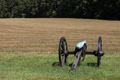 Back view of a blue M1857 12-Pounder, the Napoleon, an American civil war cannon at Shiloh National Military Park.