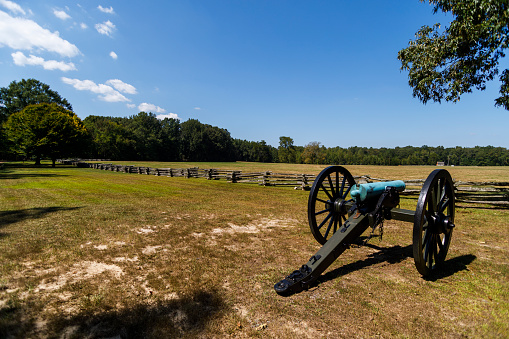 Back view of a blue M1857 12-Pounder, the Napoleon, an American civil war cannon at Shiloh National Military Park.