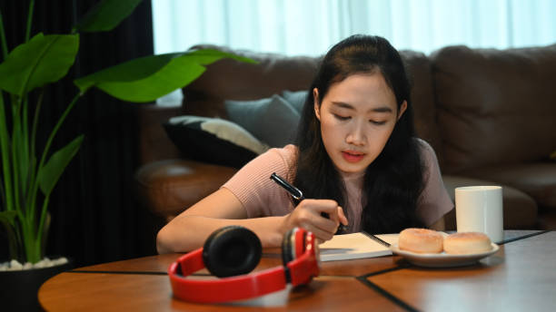 Concentrated young woman doing homework or making agenda plan planning daily appointment on notebook. Concentrated young woman doing homework or making agenda plan planning daily appointment on notebook. exam routine preparation education stock pictures, royalty-free photos & images