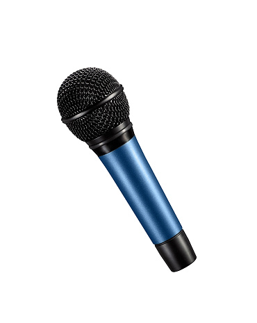 blue microphone with black wire isolated on white