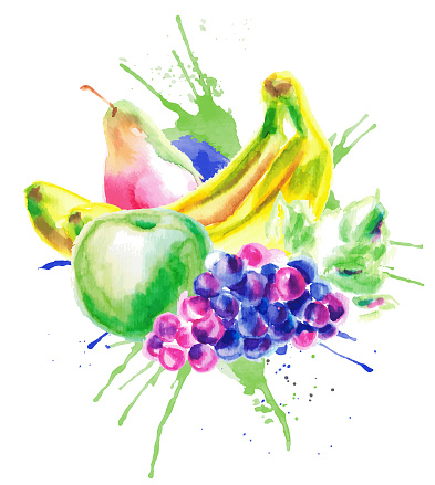 Set of hand drawn water color illustration of diverse fruits. Each object is separately grouped. Colorfull composition for Healthy lifestyle design, eco ads and more. Banana, apple, grapes and pear on transparent background with blot splash.