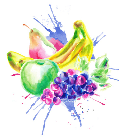Set of hand drawn water color illustration of diverse fruits. Each object is separately grouped. Colorfull composition for Healthy lifestyle design, eco ads and more. Banana, apple, grapes and pear on transparent background with blot splash.