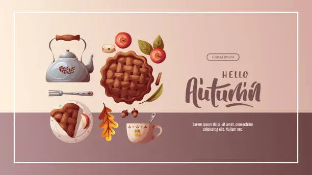 Vector illustration of Autumn promo sale flyer with apple pie, kettle, autumn leaves.