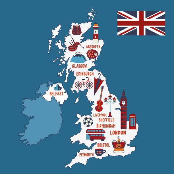 Vector illustrated map of Great Britain. Travel concept. Country landmarks, attractions and symbols on the map. Vector illustrated map of Great Britain. Travel concept. Country landmarks, attractions and nation symbols on the map. ben nevis stock illustrations