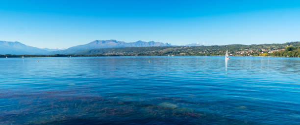 Viverone Lake early fall panorama. Color image stock photo