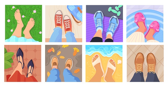 Legs selfie. Feet in sneakers top view, blogger lifestyle concept sight pair footwear on different floor carpet beach park gym home workspace or barefoot, neat vector illustration