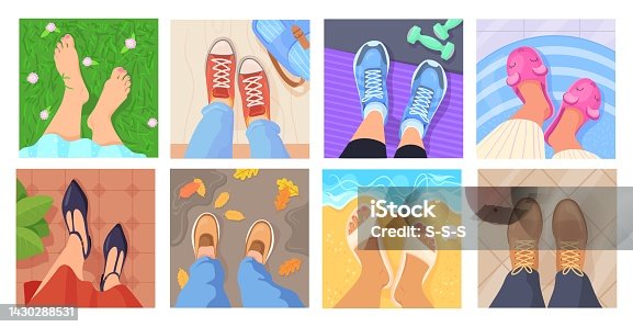 istock Legs selfie. Feet in sneakers top view, blogger lifestyle concept sight pair footwear on different floor carpet beach park gym home workspace or barefoot, neat vector illustration 1430288531