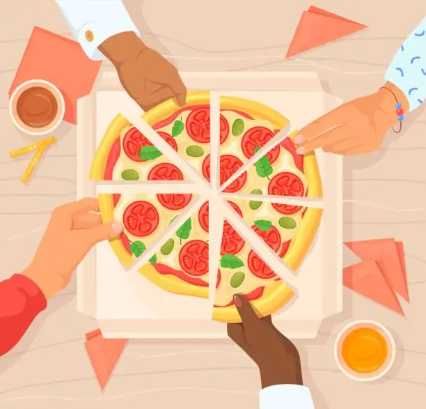 Vector illustration of Hands taking pizza. Party eating dinner, share meal with hungry family or comer friends, hand grab slice pizzas eat dish office colleagues together lunch, neat vector illustration