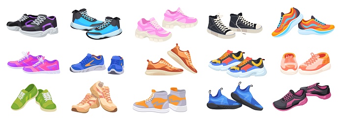Cartoon athletic sneakers. Sport shoe pair group, fitness footwear design multicolored sneaker of active man woman walking or running comfortable footwear, neat vector illustration
