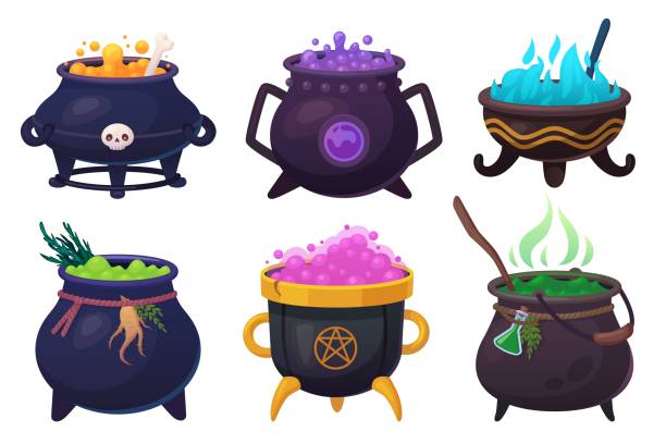 Witchs boiling cauldrons. Halloween smoke boiler, witch cauldron for cooking brew magic potion, wizards pot with purple bubble liquid soup or broth, ingenious vector illustration Witchs boiling cauldrons. Halloween smoke boiler, witch cauldron for cooking brew magic potion, wizards pot with purple bubble liquid soup or broth, ingenious vector illustration of halloween boiler cauldron stock illustrations