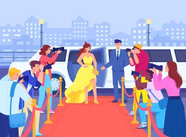 Vector illustration of Celebrity photographer. Famous hollywood actress on red carpet in camera paparazzi, american movie star at limousine car, fashion lifestyle oscar event, swanky vector illustration