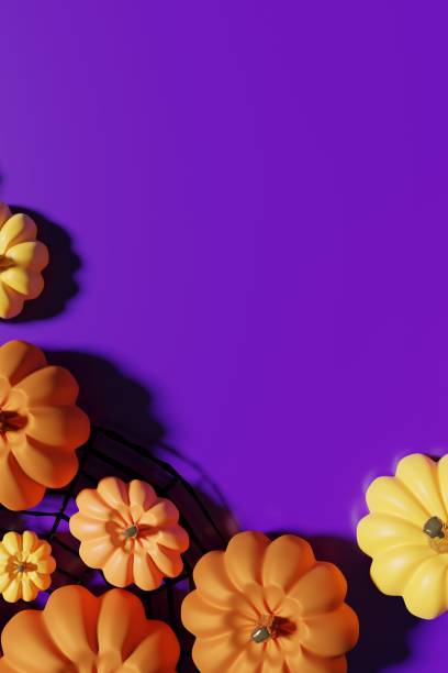 istock 3d render of orange pumpkins flat lay on a purple background with spider web and copy space 1430288793