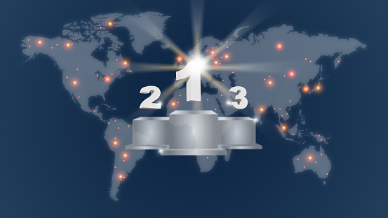 World order concept, number 1 2 3 on the podium, world map with lights, political game illustration, nation or country competition to become the new number one in the world
