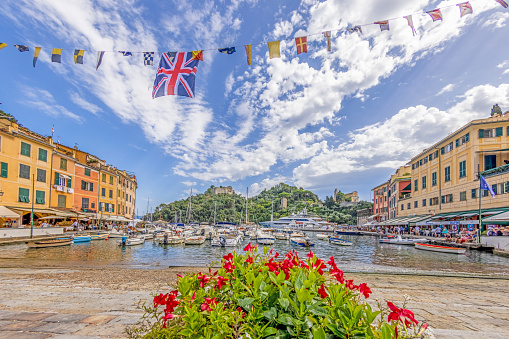 View over the harbour of the Italian coastal town of Portofino during the day in summer