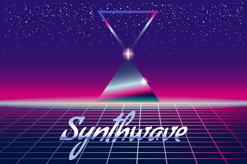 Synthwave retro banner vaporwave aesthetic background. Pyramids grid 3d, sunset 80's retrowave