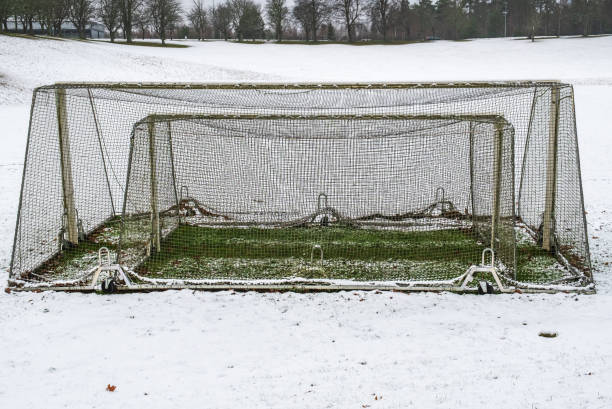 istock Soccer goal on a snow covered soccer field 1430291117