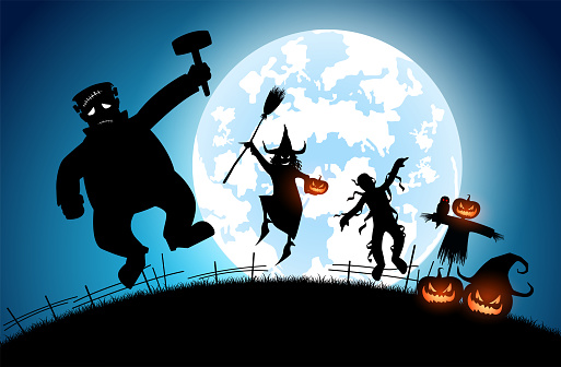 illustration blue background concept,many people with men and women wearing as ghost and devil for festival halloween,full moon on dark night with happy children for celebration halloween day