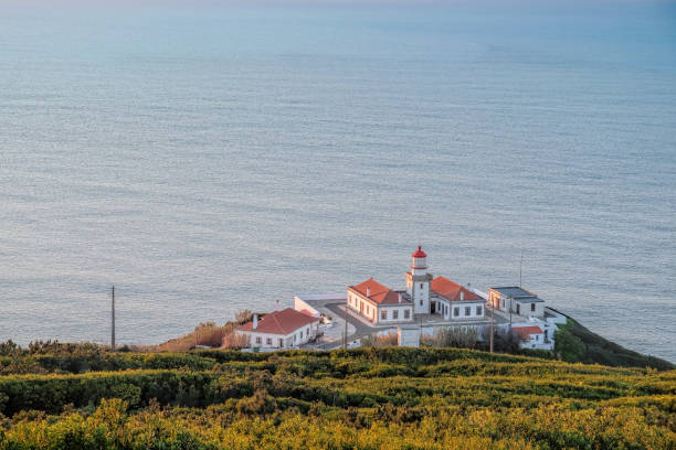 Small village with lighthouse in Portugal stock photo